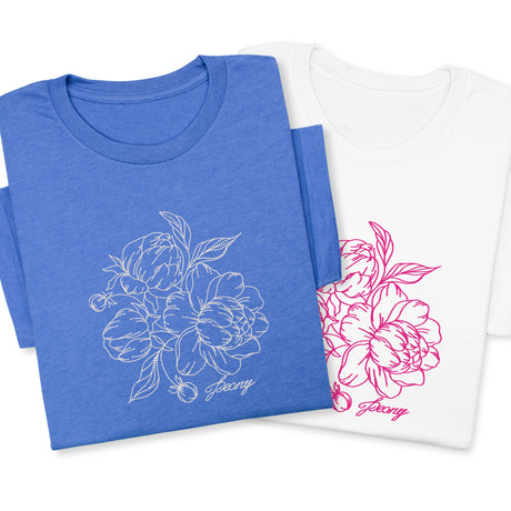 Peony Embroidered T-Shirt , Custom Thread Color Floral Gift, Elegant Flower Line Art Design, Botanical Cozy Outfit for Her