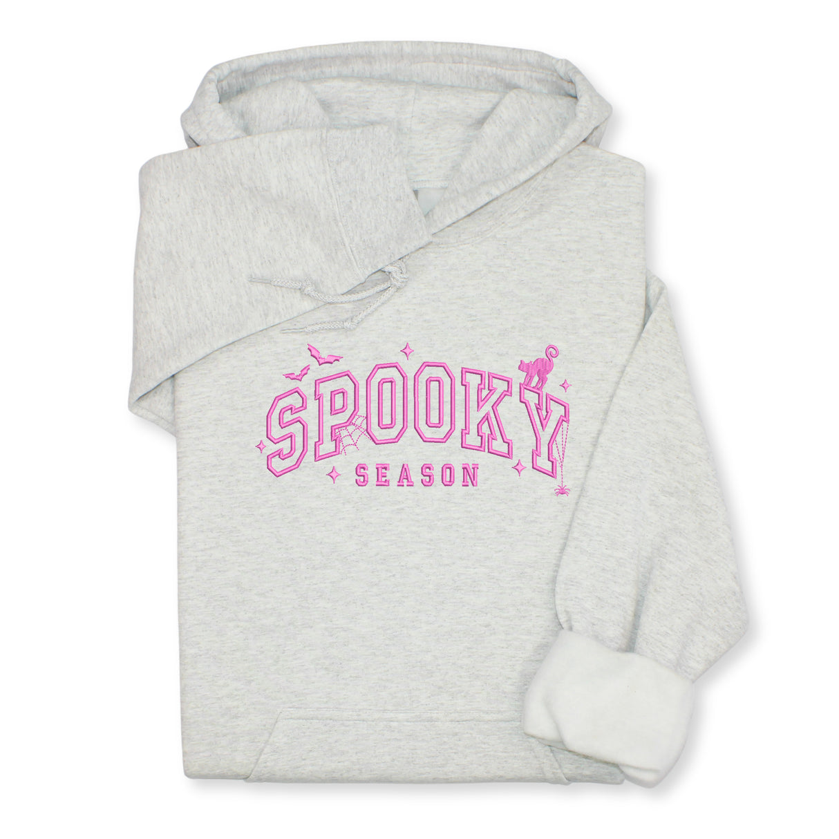 Spooky Season Embroidered Hoodie & Sweatshirt – Halloween Pullover, Cozy Fall Layer with Cat, Bats & Webs, Unisex October Gift