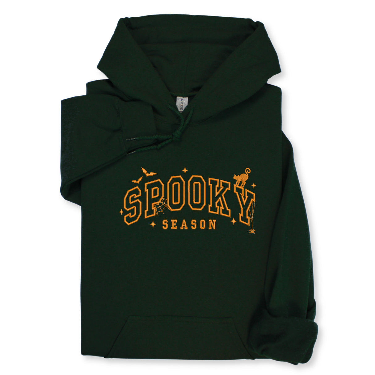 Spooky Season Embroidered Hoodie & Sweatshirt – Halloween Pullover, Cozy Fall Layer with Cat, Bats & Webs, Unisex October Gift