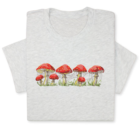 Red Mushrooms Embroidered T-Shirt, Whimsical Amanita Design, Unique Nature-Inspired Tee, Perfect Gift for Mushroom Lovers!