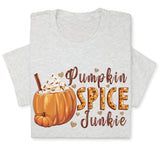 Pumpkin Spice Junkie Fall T-Shirt – Cute Autumn Latte Print, Cozy Pumpkin Drink Tee, Pumpkin Lover Gift, Thanksgiving Season Shirt