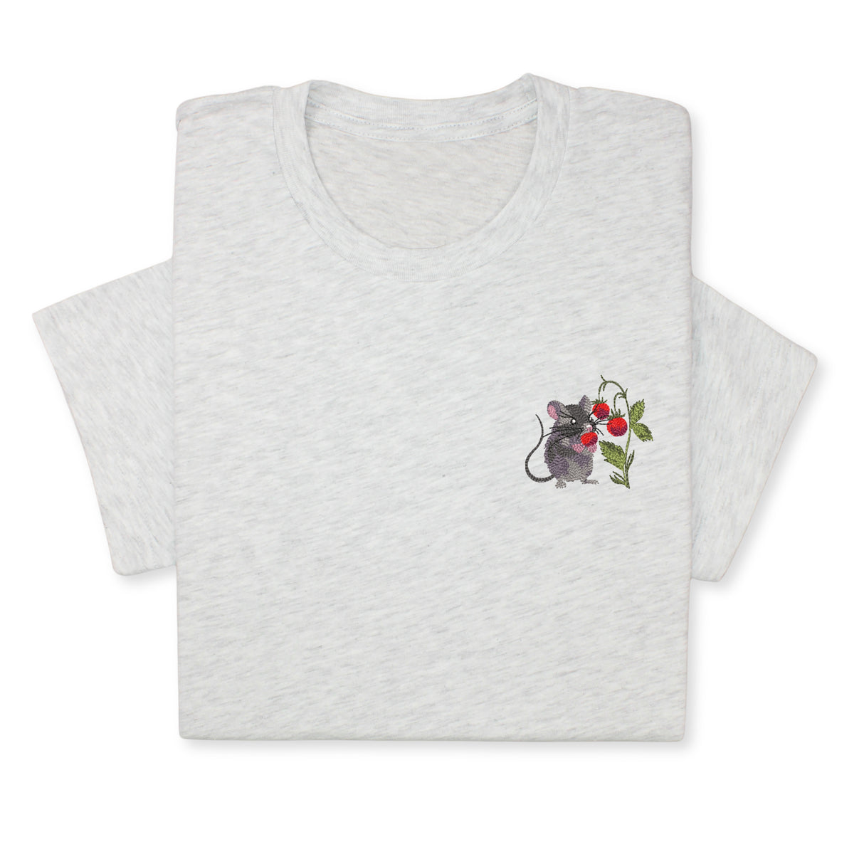 Mouse & Berry Embroidered T-Shirt, Cute Garden Animal Tee, Whimsical Nature Shirt, Funny Rodent Embroidery Gift for Her & Him