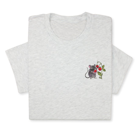 Mouse & Berry Embroidered T-Shirt, Cute Garden Animal Tee, Whimsical Nature Shirt, Funny Rodent Embroidery Gift for Her & Him