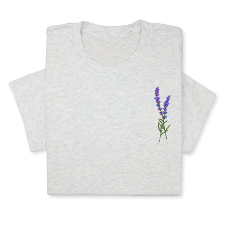 Lavender Embroidered T-Shirt, Minimalist Botanical Shirt, Floral Gift for Her, Nature Inspired Tee, Delicate Flower Embroidery