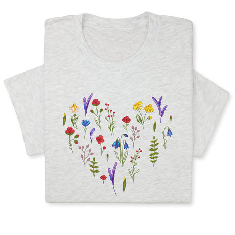 Wildflower Heart Embroidered T-Shirt, Floral Nature Lover Gift, Botanical Meadow Design Tee, Cottagecore Aesthetic, Colorful Garden Outfit