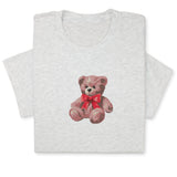 Cute Bear Embroidered T-Shirt, Cute Plush Toy Design, Red Bow Gift Shirt, Soft Aesthetic Tee for Her, Whimsical Embroidery, Cozy Outfit Idea
