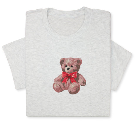 Cute Bear Embroidered T-Shirt, Cute Plush Toy Design, Red Bow Gift Shirt, Soft Aesthetic Tee for Her, Whimsical Embroidery, Cozy Outfit Idea