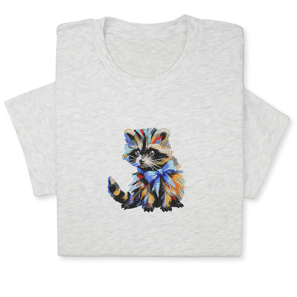 Colorful Raccoon Embroidered T-Shirt, Whimsical Animal Design Tee, Cute Pet Lover Gift, Fun Nature Inspired Shirt, Playful Bowtie Aesthetic