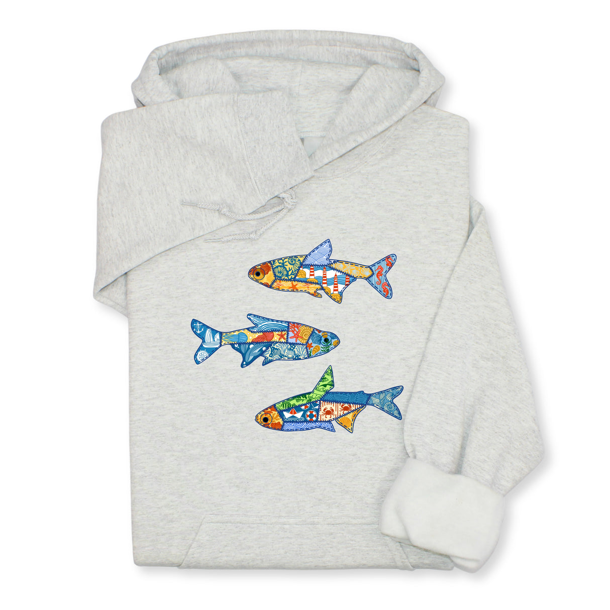 Colorful Fish Printed Hoodie & Sweatshirt – Nautical Ocean Patchwork Design, Sea Life Coastal Gift, Unique Marine-Inspired Beach Pullover