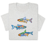 Colorful Fish Printed T-Shirt – Nautical Ocean Patchwork Tee, Sea Life Coastal Gift, Unique Marine-Inspired Beach Shirt, Unisex Summer Outfit