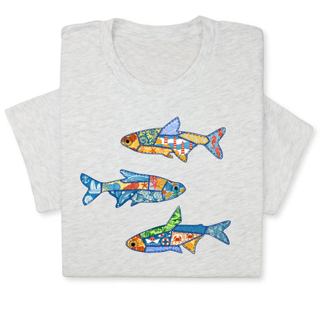 Colorful Fish Printed T-Shirt – Nautical Ocean Patchwork Tee, Sea Life Coastal Gift, Unique Marine-Inspired Beach Shirt, Unisex Summer Outfit