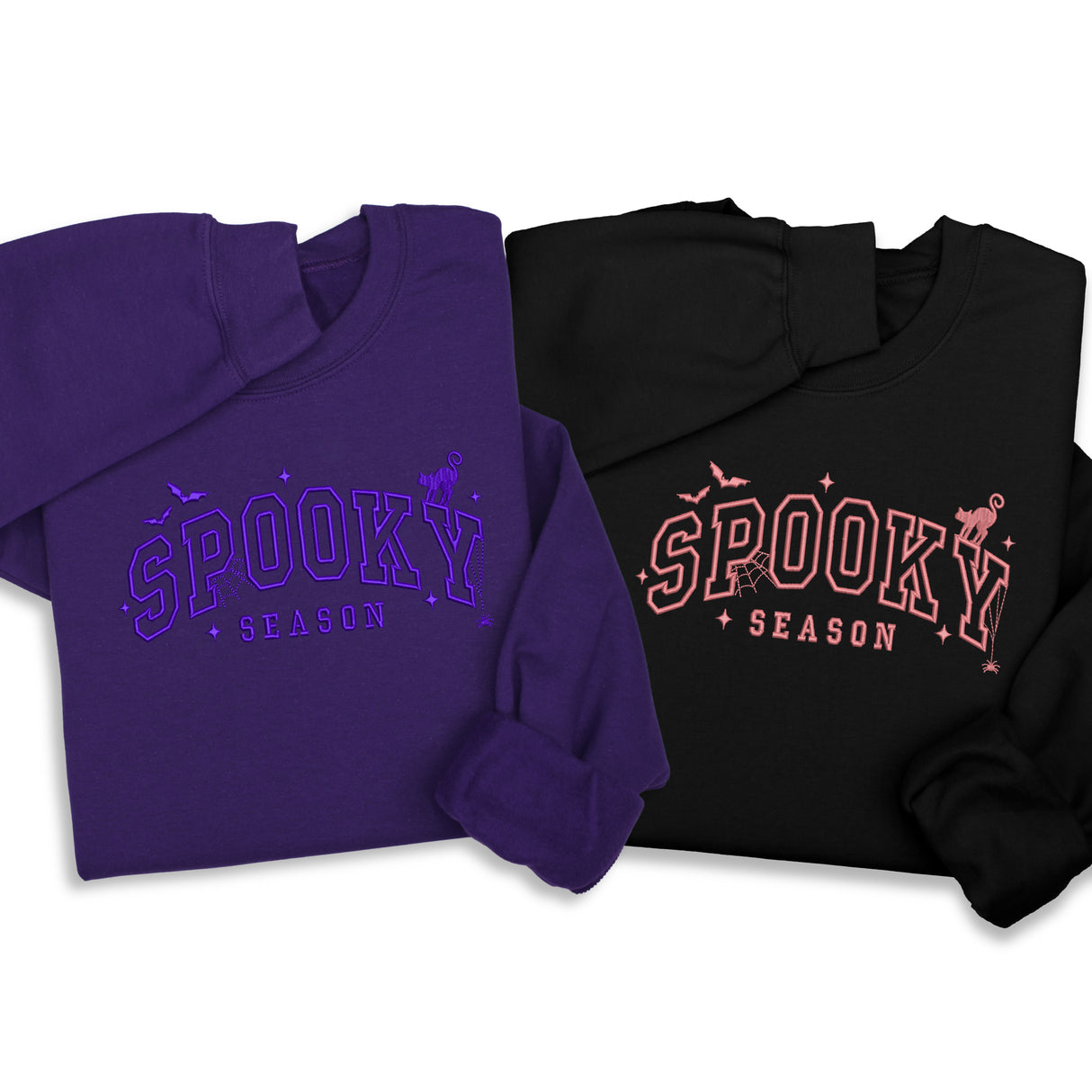 Spooky Season Embroidered Hoodie & Sweatshirt – Halloween Pullover, Cozy Fall Layer with Cat, Bats & Webs, Unisex October Gift