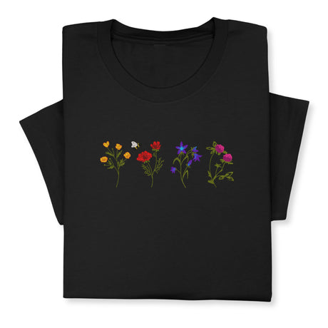 Wildflower & Bee Embroidered T-Shirt, Colorful Floral Garden Tee, Cottagecore Nature Shirt for Women, Spring Gift for Plant Bee Lovers