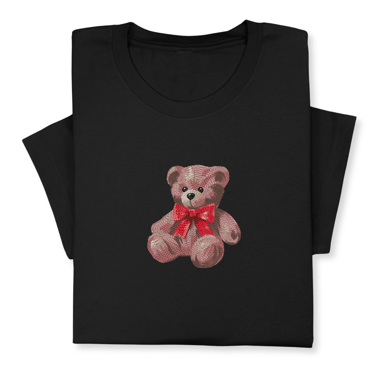 Cute Bear Embroidered T-Shirt, Cute Plush Toy Design, Red Bow Gift Shirt, Soft Aesthetic Tee for Her, Whimsical Embroidery, Cozy Outfit Idea