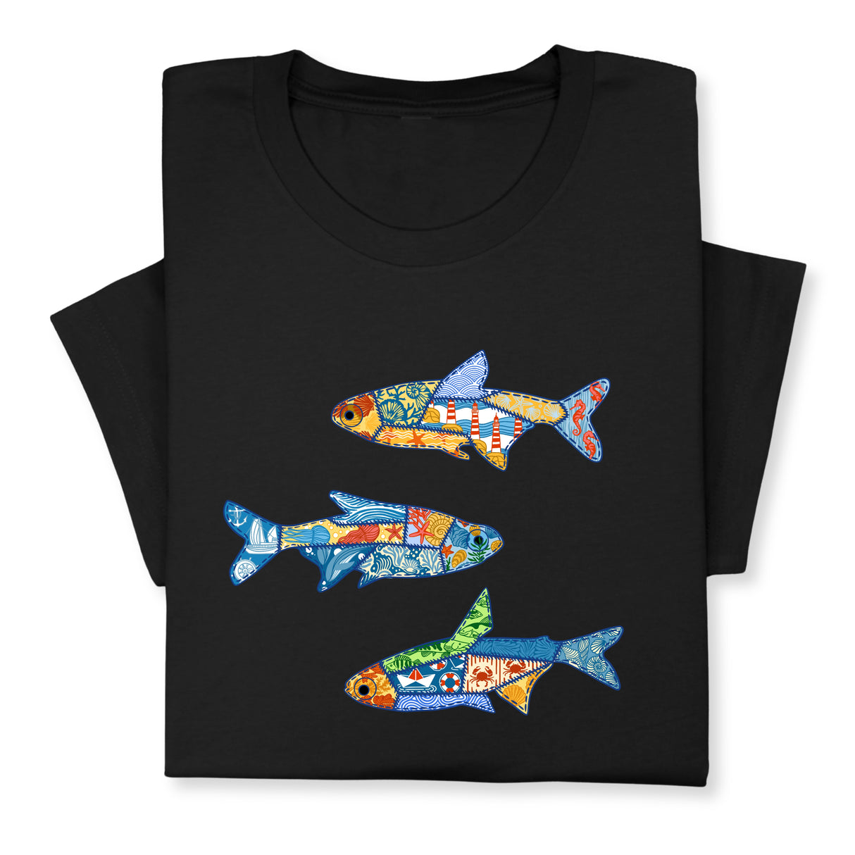 Colorful Fish Printed T-Shirt – Nautical Ocean Patchwork Tee, Sea Life Coastal Gift, Unique Marine-Inspired Beach Shirt, Unisex Summer Outfit