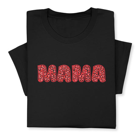 MAMA Print T-Shirt, Bold Red Heart Pattern Design, Cute Graphic Tee for Mom, Mother's Day Gift, Whimsical Mama Shirt for Her