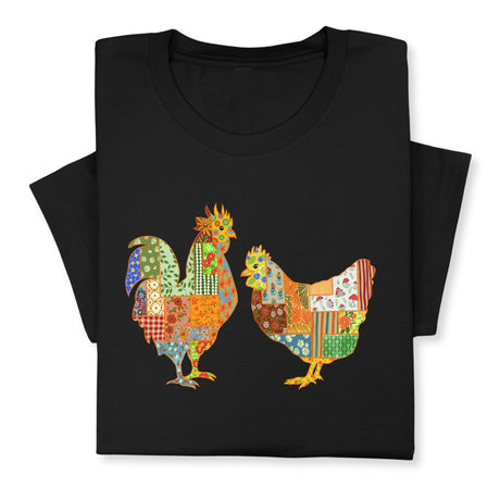 Colorful Patchwork Rooster & Hen T-Shirt Print, Farmhouse Chicken Graphic Tee, Country Style Shirt for Backyard Chicken Lovers, Rustic Gift Unisex