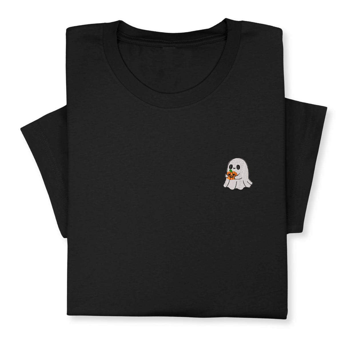 Halloween Ghost T-Shirt with Pumpkin, Cute Spooky Embroidered Tee for Fall & Halloween Season
