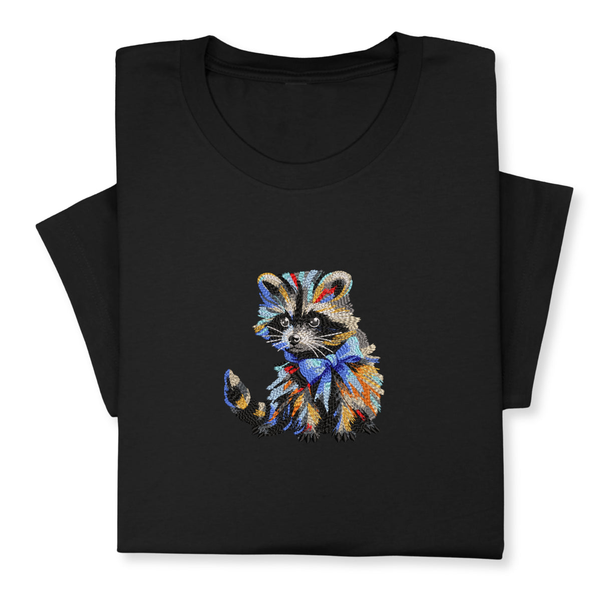 Colorful Raccoon Embroidered T-Shirt, Whimsical Animal Design Tee, Cute Pet Lover Gift, Fun Nature Inspired Shirt, Playful Bowtie Aesthetic