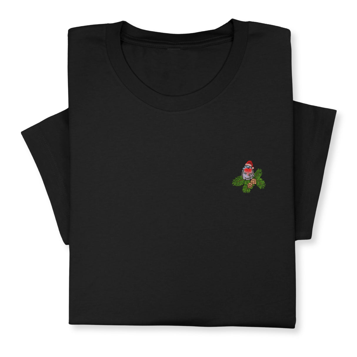 Christmas Bird Embroidered T-Shirt, Festive Robin Tee with Santa Hat, Cute Holiday Nature Shirt, Cozy Minimalist Xmas Gift for Bird Lovers