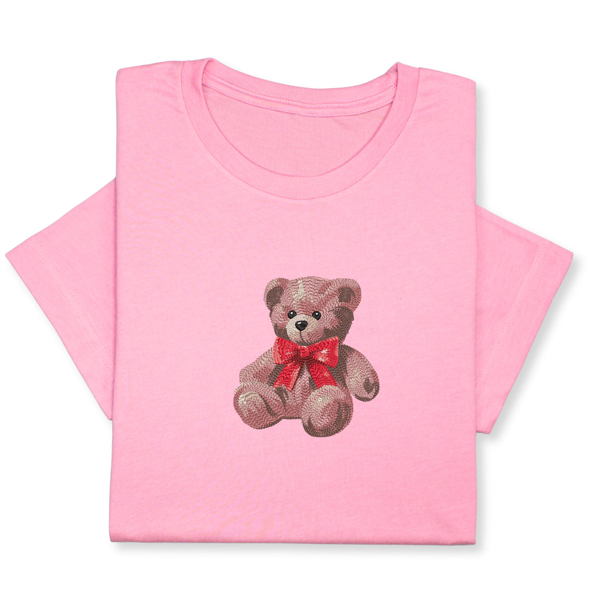 Cute Bear Embroidered T-Shirt, Cute Plush Toy Design, Red Bow Gift Shirt, Soft Aesthetic Tee for Her, Whimsical Embroidery, Cozy Outfit Idea