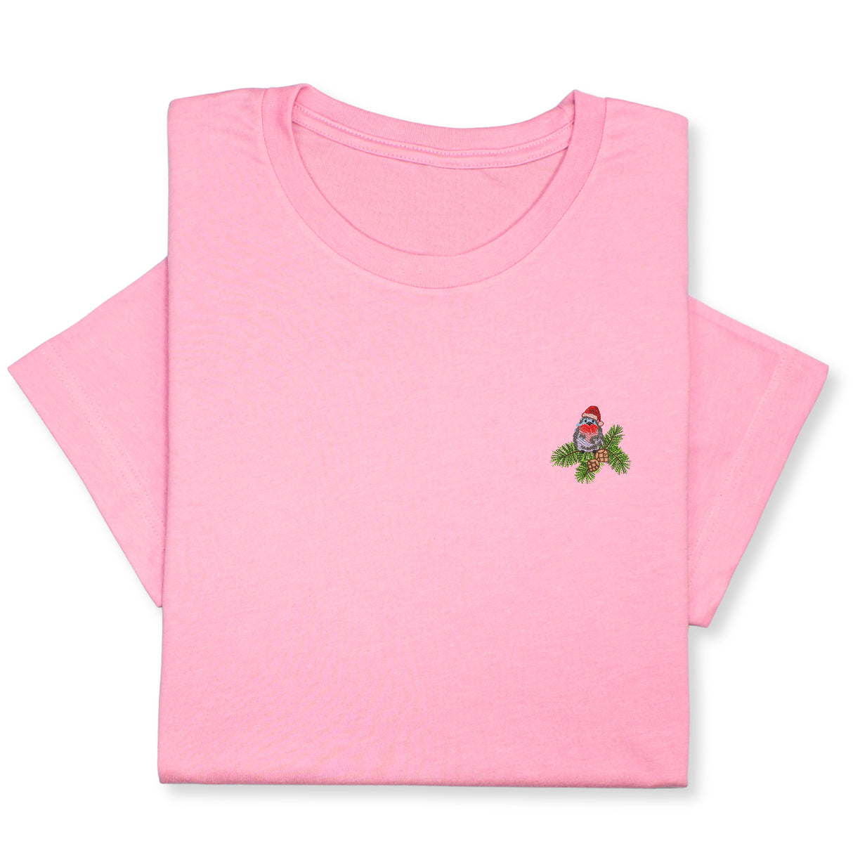 Christmas Bird Embroidered T-Shirt, Festive Robin Tee with Santa Hat, Cute Holiday Nature Shirt, Cozy Minimalist Xmas Gift for Bird Lovers