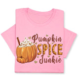 Pumpkin Spice Junkie Fall T-Shirt – Cute Autumn Latte Print, Cozy Pumpkin Drink Tee, Pumpkin Lover Gift, Thanksgiving Season Shirt