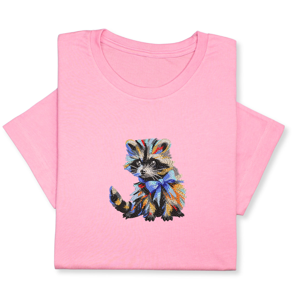 Colorful Raccoon Embroidered T-Shirt, Whimsical Animal Design Tee, Cute Pet Lover Gift, Fun Nature Inspired Shirt, Playful Bowtie Aesthetic