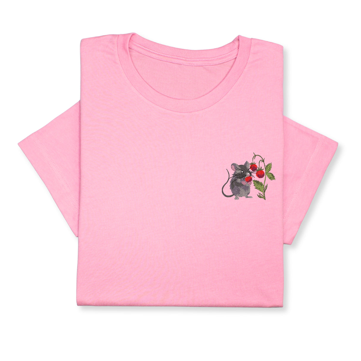 Mouse & Berry Embroidered T-Shirt, Cute Garden Animal Tee, Whimsical Nature Shirt, Funny Rodent Embroidery Gift for Her & Him