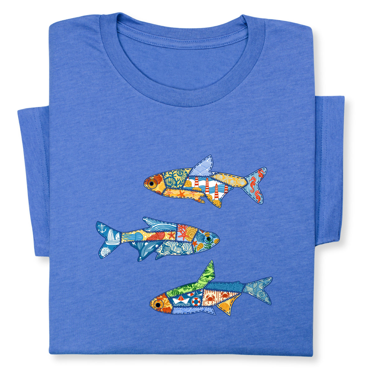 Colorful Fish Printed T-Shirt – Nautical Ocean Patchwork Tee, Sea Life Coastal Gift, Unique Marine-Inspired Beach Shirt, Unisex Summer Outfit