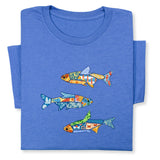 Colorful Fish Printed T-Shirt – Nautical Ocean Patchwork Tee, Sea Life Coastal Gift, Unique Marine-Inspired Beach Shirt, Unisex Summer Outfit