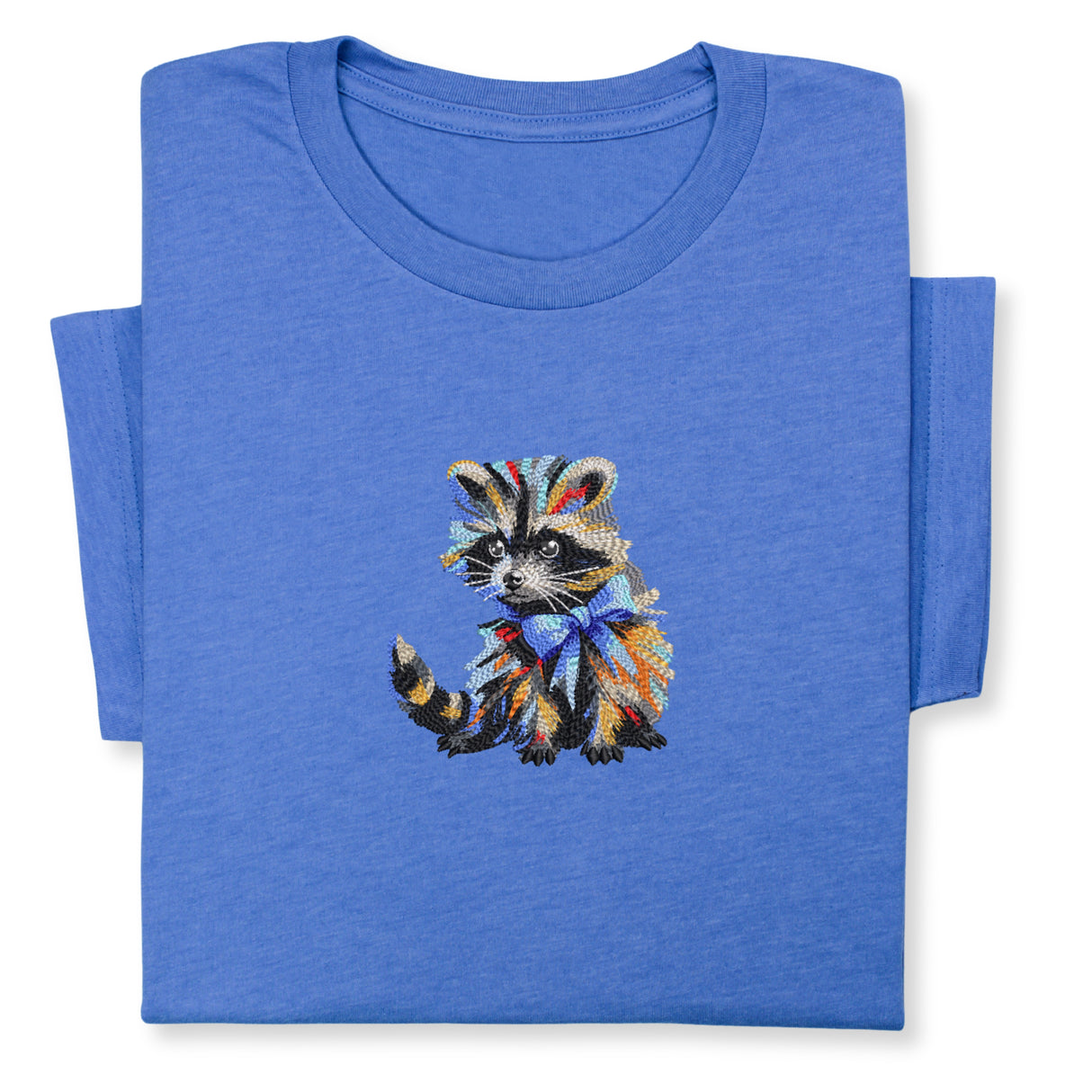 Colorful Raccoon Embroidered T-Shirt, Whimsical Animal Design Tee, Cute Pet Lover Gift, Fun Nature Inspired Shirt, Playful Bowtie Aesthetic