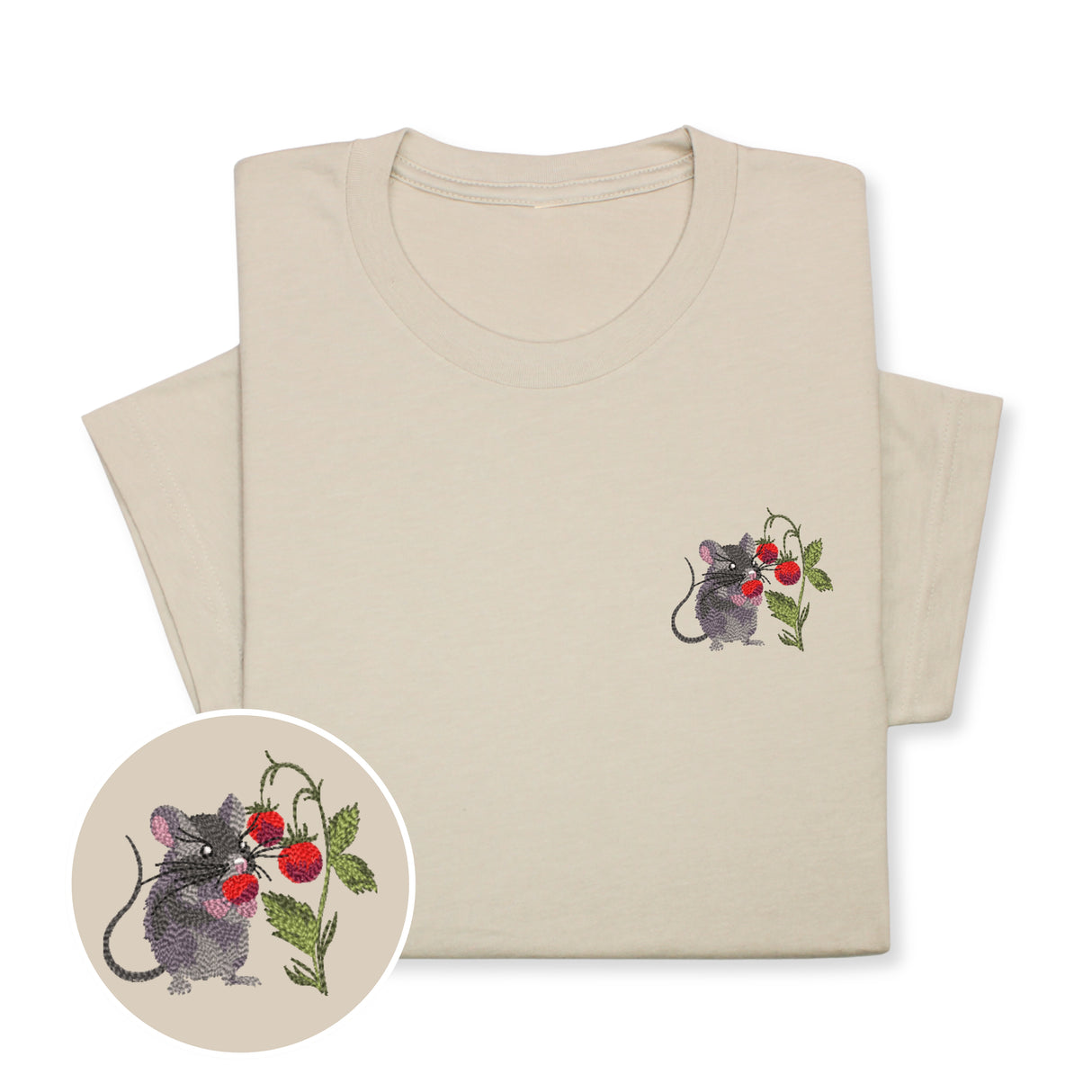 Mouse & Berry Embroidered T-Shirt, Cute Garden Animal Tee, Whimsical Nature Shirt, Funny Rodent Embroidery Gift for Her & Him