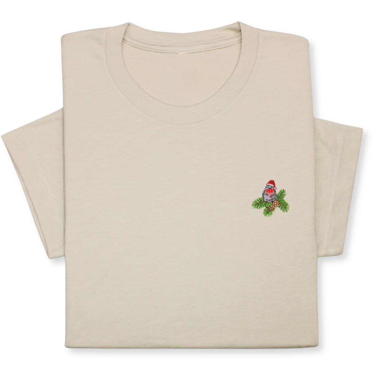 Christmas Bird Embroidered T-Shirt, Festive Robin Tee with Santa Hat, Cute Holiday Nature Shirt, Cozy Minimalist Xmas Gift for Bird Lovers