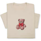 Cute Bear Embroidered T-Shirt, Cute Plush Toy Design, Red Bow Gift Shirt, Soft Aesthetic Tee for Her, Whimsical Embroidery, Cozy Outfit Idea