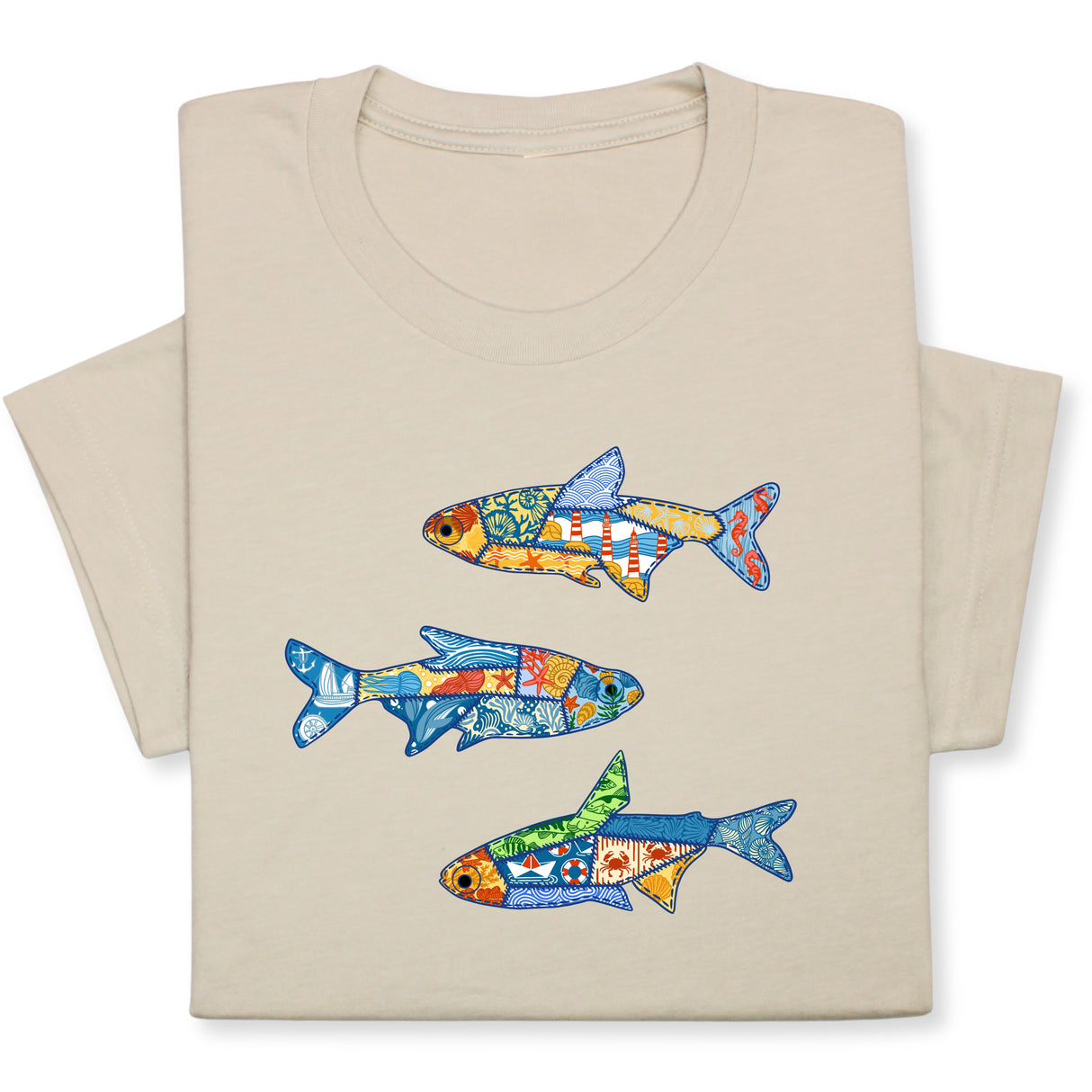 Colorful Fish Printed T-Shirt – Nautical Ocean Patchwork Tee, Sea Life Coastal Gift, Unique Marine-Inspired Beach Shirt, Unisex Summer Outfit