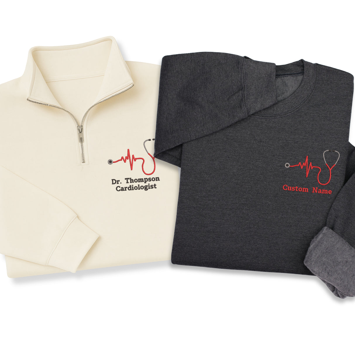 Custom Heartbeat Embroidered Hoodie, Sweatshirt & 1/4 Zip – Personalized Nurse Gift, Stethoscope Design, Medical Workwear