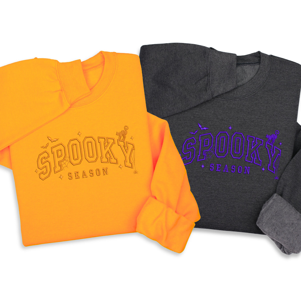 Spooky Season Embroidered Hoodie & Sweatshirt – Halloween Pullover, Cozy Fall Layer with Cat, Bats & Webs, Unisex October Gift