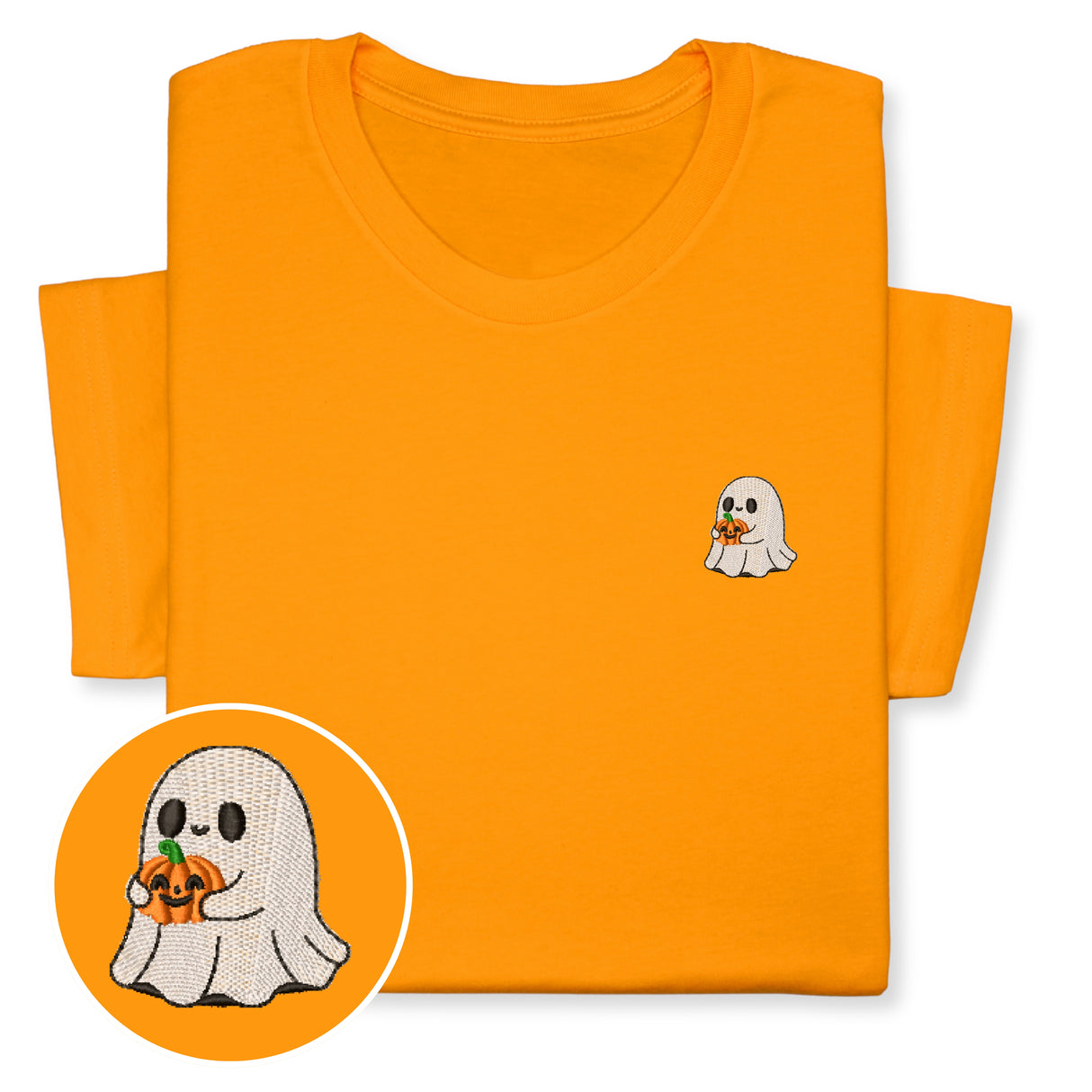 Halloween Ghost T-Shirt with Pumpkin, Cute Spooky Embroidered Tee for Fall & Halloween Season