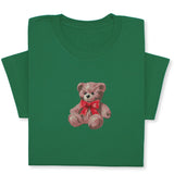 Cute Bear Embroidered T-Shirt, Cute Plush Toy Design, Red Bow Gift Shirt, Soft Aesthetic Tee for Her, Whimsical Embroidery, Cozy Outfit Idea