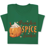 Pumpkin Spice Junkie Fall T-Shirt – Cute Autumn Latte Print, Cozy Pumpkin Drink Tee, Pumpkin Lover Gift, Thanksgiving Season Shirt