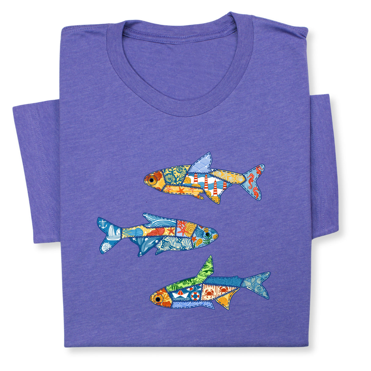 Colorful Fish Printed T-Shirt – Nautical Ocean Patchwork Tee, Sea Life Coastal Gift, Unique Marine-Inspired Beach Shirt, Unisex Summer Outfit