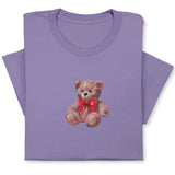 Cute Bear Embroidered T-Shirt, Cute Plush Toy Design, Red Bow Gift Shirt, Soft Aesthetic Tee for Her, Whimsical Embroidery, Cozy Outfit Idea