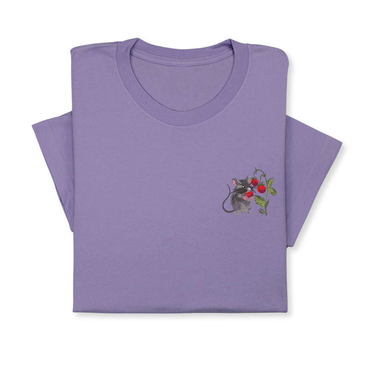 Mouse & Berry Embroidered T-Shirt, Cute Garden Animal Tee, Whimsical Nature Shirt, Funny Rodent Embroidery Gift for Her & Him