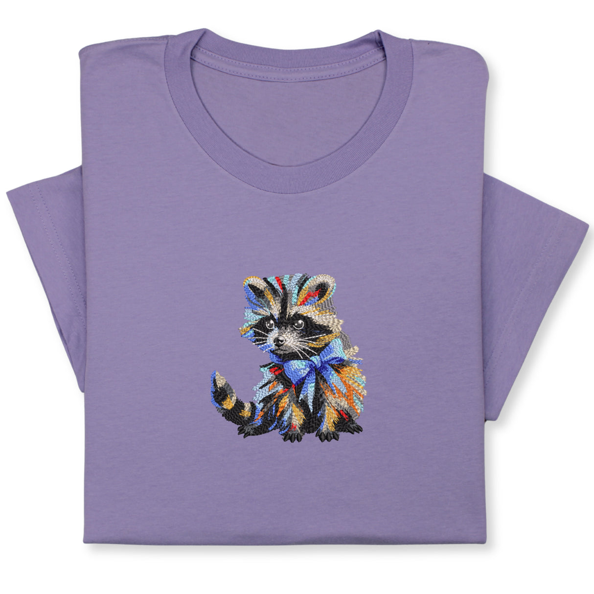 Colorful Raccoon Embroidered T-Shirt, Whimsical Animal Design Tee, Cute Pet Lover Gift, Fun Nature Inspired Shirt, Playful Bowtie Aesthetic