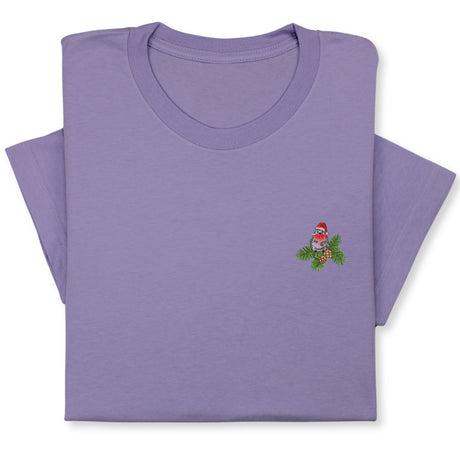 Christmas Bird Embroidered T-Shirt, Festive Robin Tee with Santa Hat, Cute Holiday Nature Shirt, Cozy Minimalist Xmas Gift for Bird Lovers