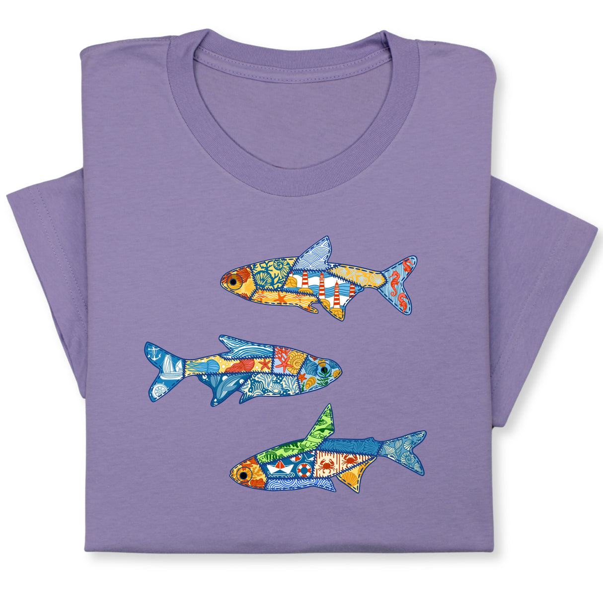 Colorful Fish Printed T-Shirt – Nautical Ocean Patchwork Tee, Sea Life Coastal Gift, Unique Marine-Inspired Beach Shirt, Unisex Summer Outfit