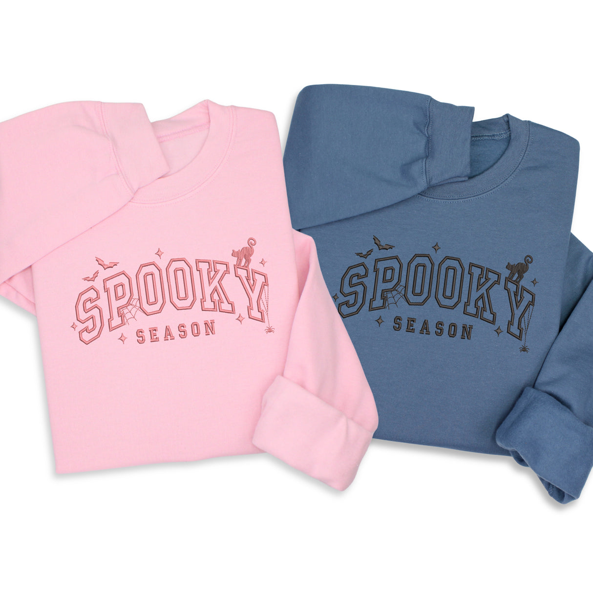 Spooky Season Embroidered Hoodie & Sweatshirt – Halloween Pullover, Cozy Fall Layer with Cat, Bats & Webs, Unisex October Gift