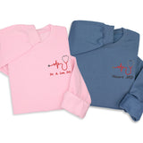 Custom Heartbeat Embroidered Hoodie, Sweatshirt & 1/4 Zip – Personalized Nurse Gift, Stethoscope Design, Medical Workwear