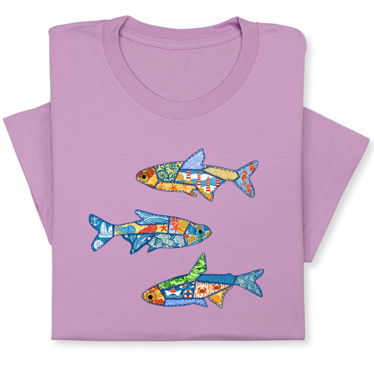 Colorful Fish Printed T-Shirt – Nautical Ocean Patchwork Tee, Sea Life Coastal Gift, Unique Marine-Inspired Beach Shirt, Unisex Summer Outfit